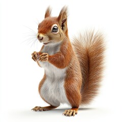 Obraz premium Cute red squirrel with a bushy tail standing on white background.