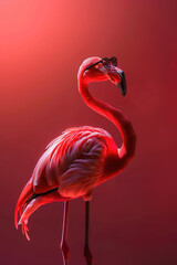 Fototapeta premium A stylized flamingo wearing sunglasses against a vibrant red background.