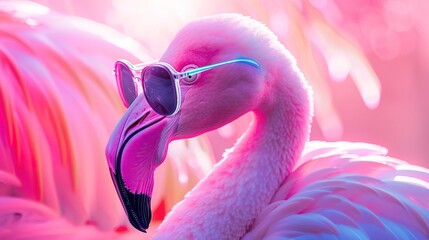 Naklejka premium A whimsical pink flamingo dons sunglasses amidst a vibrant backdrop.