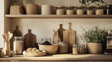Cozy kitchen shelf with jars, baskets, and wooden utensils, showcasing a rustic and homely decor style.