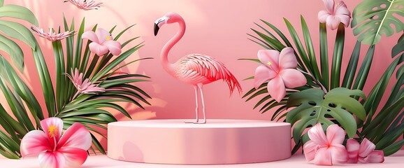 Obraz premium Pink flamingo standing on a pedestal surrounded by tropical leaves and flowers on a pink background.