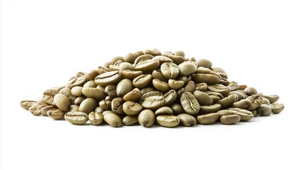 a pile of green coffee beans on a white background