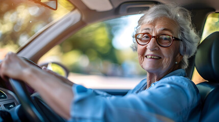 Happy senior woman driving car alone, enjoying car ride. Safe driving for elderly adults, older driver safety.