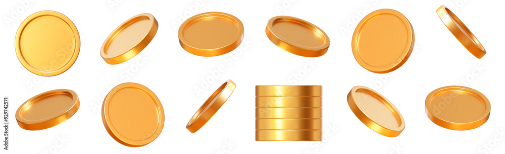 Wall mural 3d set realistic golden coins with different angles. symbol of gold and wealth. stock vector illustr