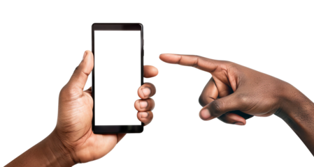 African American man's hand holding smartphone with another hand pointing at screen, cut out