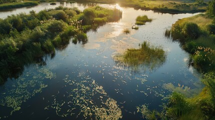 Present an aerial view of wetlands during a tranquil summer evening, with dragonflies darting over the reflective water surfaces