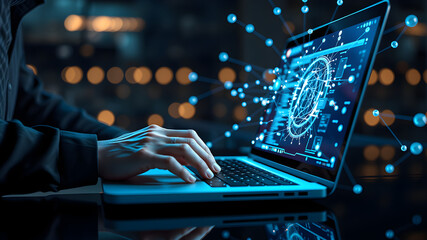 Businessperson is using a laptop to access the cloud computing system, network computing, big data, internet of things, business processes, various storage systems