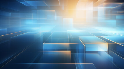 Blue and grey glossy squares abstract tech banner design. Modern abstract blue background design with layers of transparent material in square shapes in random geometric patterns.	
