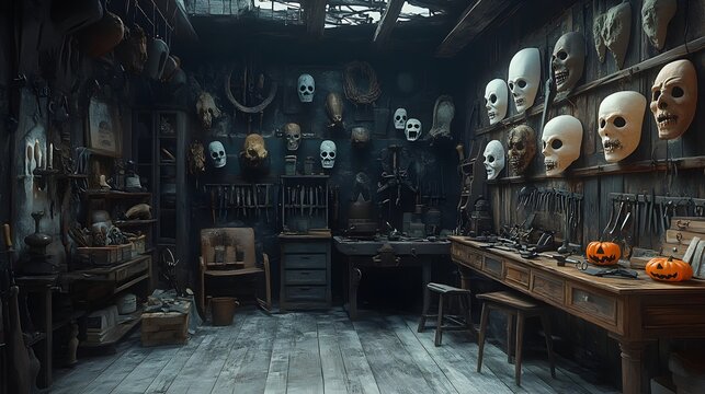 A haunted blacksmith shop with vintage tools, creepy Halloween masks on display, dark fantasy setting, hyper-realistic style, isolated on white background - Powered by Adobe