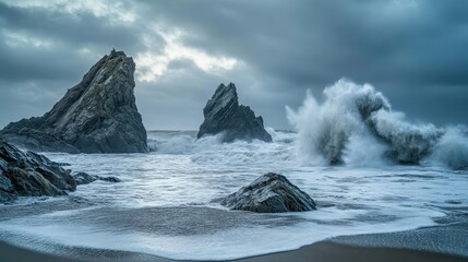 Dramatic seascape with towering rocks and crashing waves under a moody sky.