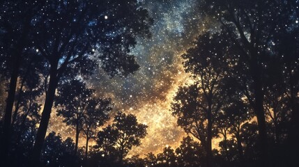 Silhouetted Trees Against a Starry Night Sky