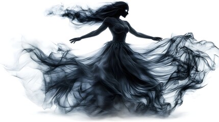 Fototapeta premium A haunted dancer with a flowing dress, wearing a Halloween party mask, ethereal glow, dark gothic style, highly detailed, isolated on white background
