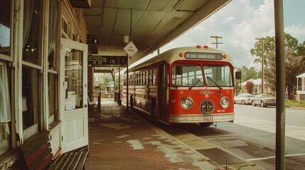 Show a long-distance bus at a quaint, historical bus station, with vintage signage and architecture adding to the charm