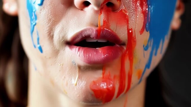 Close up of a young woman with bright colorful paint makeup art dripping down her face. Her artistic makeup is perfect for beauty and fashion editorials