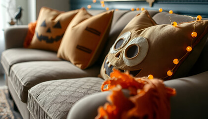 A cozy living room decorated for Halloween