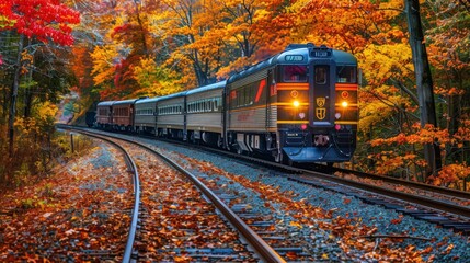 Fototapeta premium Show a passenger train in an autumn setting with colorful fall foliage and fallen leaves scattered along the tracks