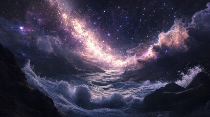 A Starry Night Sky Over a Raging Sea with Rocky Shores