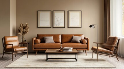 Fototapeta premium 3D rendering of a stylish living room interior with leather sofas, armchairs.
