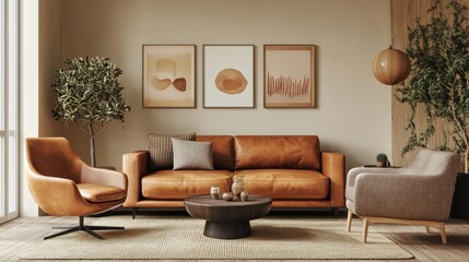 3D rendering of a stylish living room interior with leather sofas, armchairs.