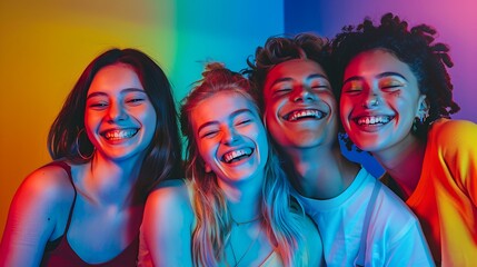 Obraz premium Four young diverse friends laughing together under vibrant multicolored neon lights.