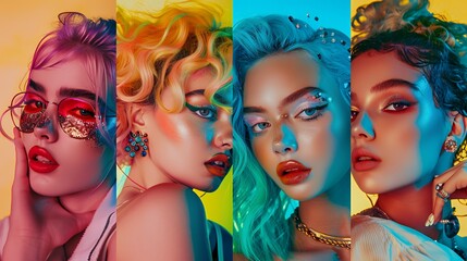 Fototapeta premium Four stylized portraits of young women with vibrant colorful hair and bold makeup in a neon collage.