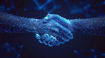 Abstract handshake on blue vector illustration or background, abstract cyber technology background, network security, partnership, investor, partner, financial, connection concept