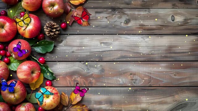 autumn corner corner border banner of apples on wooden background seamless looping overlay 4k virtual video animation background