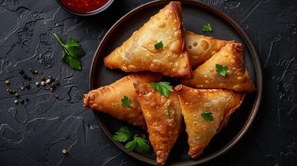 Crispy fried pastries filled with spiced potatoes and minced meat served on a metal dish.