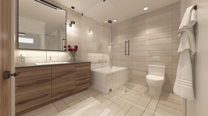 The contemporary bathroom features large format tiles, a frameless shower, and bold fixtures, creating a clean and stylish look