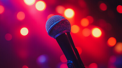 Obraz premium A microphone is pointed at a blurry background. The microphone is black and silver