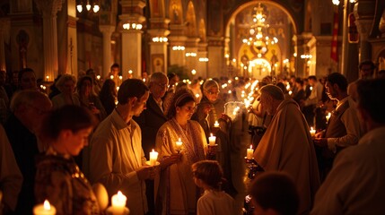 During a vigil mass in an Attica cathedral, Greek Orthodox Christians participate in a divine worship service, holding candles and joining a procession.