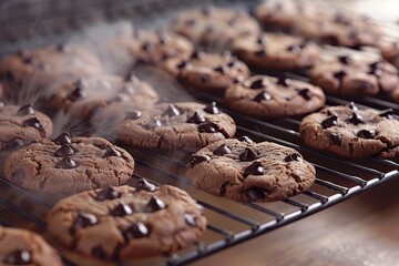 Fototapeta premium Freshly baked chocolate chip cookies cooling on a wire rack with rising steam in a warm kitchen.