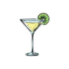Yellow cocktail with martini. Elegant glass with summer alcohol cocktail and slice of lime for posters, menu, decoration, logo, wall art print. Vector illustration isolated on transparent background.
