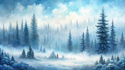 Obraz premium Foggy forest on winter hill with frozen taiga, watercolor background, green, landscape, foggy, forest, winter