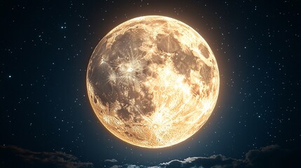 Detailed close-up of the full moon in the night sky, capturing its surface features and radiant light.