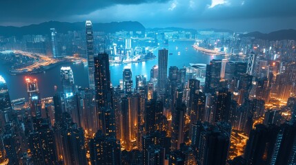 Fototapeta premium Nighttime Aerial View of Hong Kong Cityscape with Illuminated Buildings