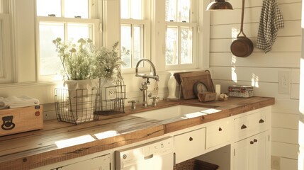 Fototapeta premium The farmhouse laundry room boasts a reclaimed wood countertop, vintage hardware, and wire baskets,