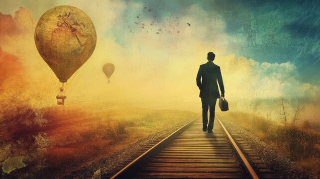A Man Walks Away From Hot Air Balloons on Railroad Tracks - Powered by Adobe