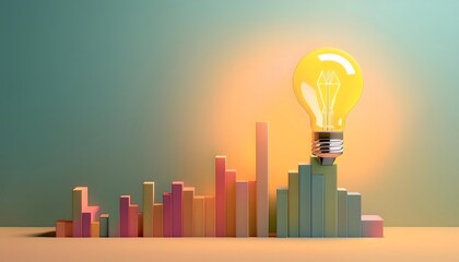 3D render Glowing light bulbs on a pastel background show innovation and bright ideas.