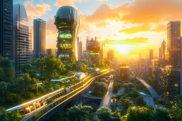 Fototapeta premium Futuristic cityscape at sunset with greenery and advanced architecture.