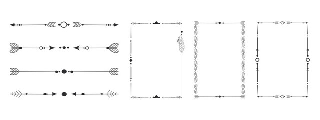 Frame set with tribal native indian arrow, ornament. Border thin line divider decoration with feather, simple motif on white background