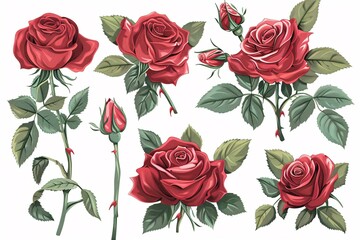 Collection of ornamental crimson roses with foliage. artwork.