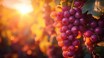 Sunset Over Vineyard with Hanging Grapes with blurred backgraund
