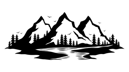 Nature icon mountains and river on white background.