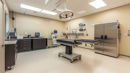 The surgery room features advanced orthopedic surgical equipment, including specialized tables and precision instruments.