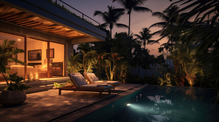 Obraz premium Modern luxury villa poolside with cozy lounge chairs in the evening, background