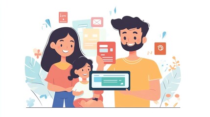 Fototapeta premium Family using a digital wallet together, representing shared finances and digital banking for all ages, Wallet family shared, Inclusive digital finance