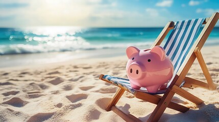 Pink piggy bank sitting on a beach chair on the sand with blue water and a blue sky in the background.