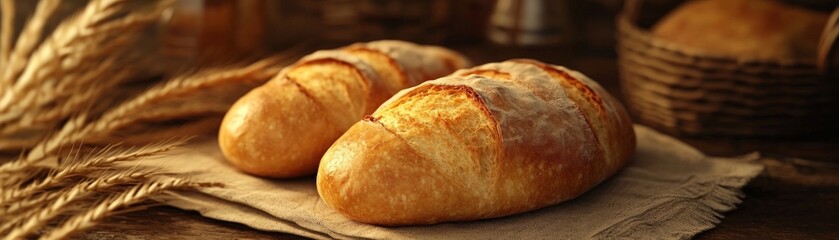 Fototapeta premium Freshly baked rustic bread loaves on a wooden table with wheat stalks, perfect for bakery or culinary themes.