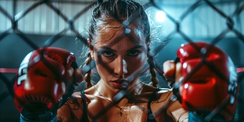 A young female fighter practices mixed martial arts in a cage, honing her skills for upcoming competitions in bare-knuckle boxing and Brazilian Jiu-Jitsu.